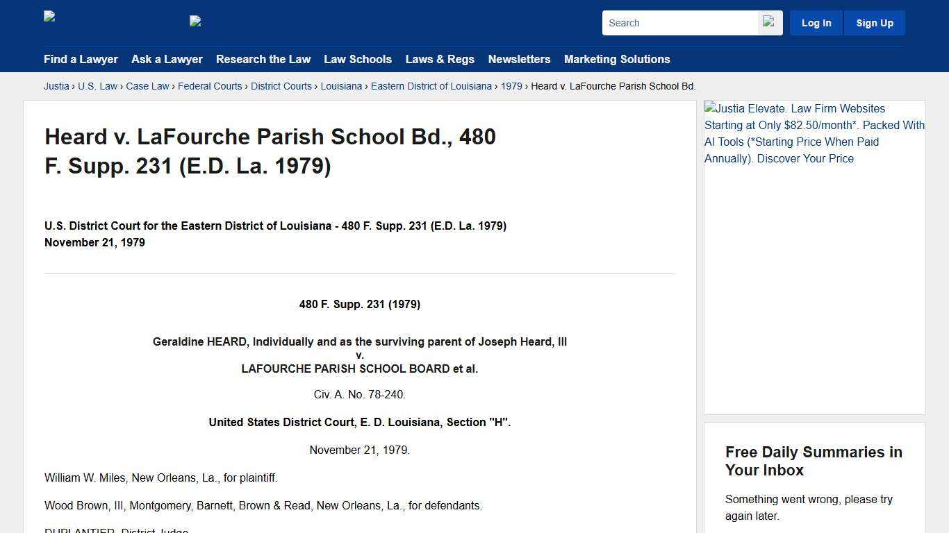 Heard v. LaFourche Parish School Bd., 480 F. Supp. 231 (E.D. La. 1979) :: Justia